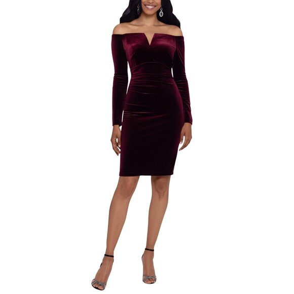 Xscape Dresses & Skirts - NWT X By Xscape Velvet Long Sleeve Off-The-Shoulder Sheath Dress Burgundy Red 16